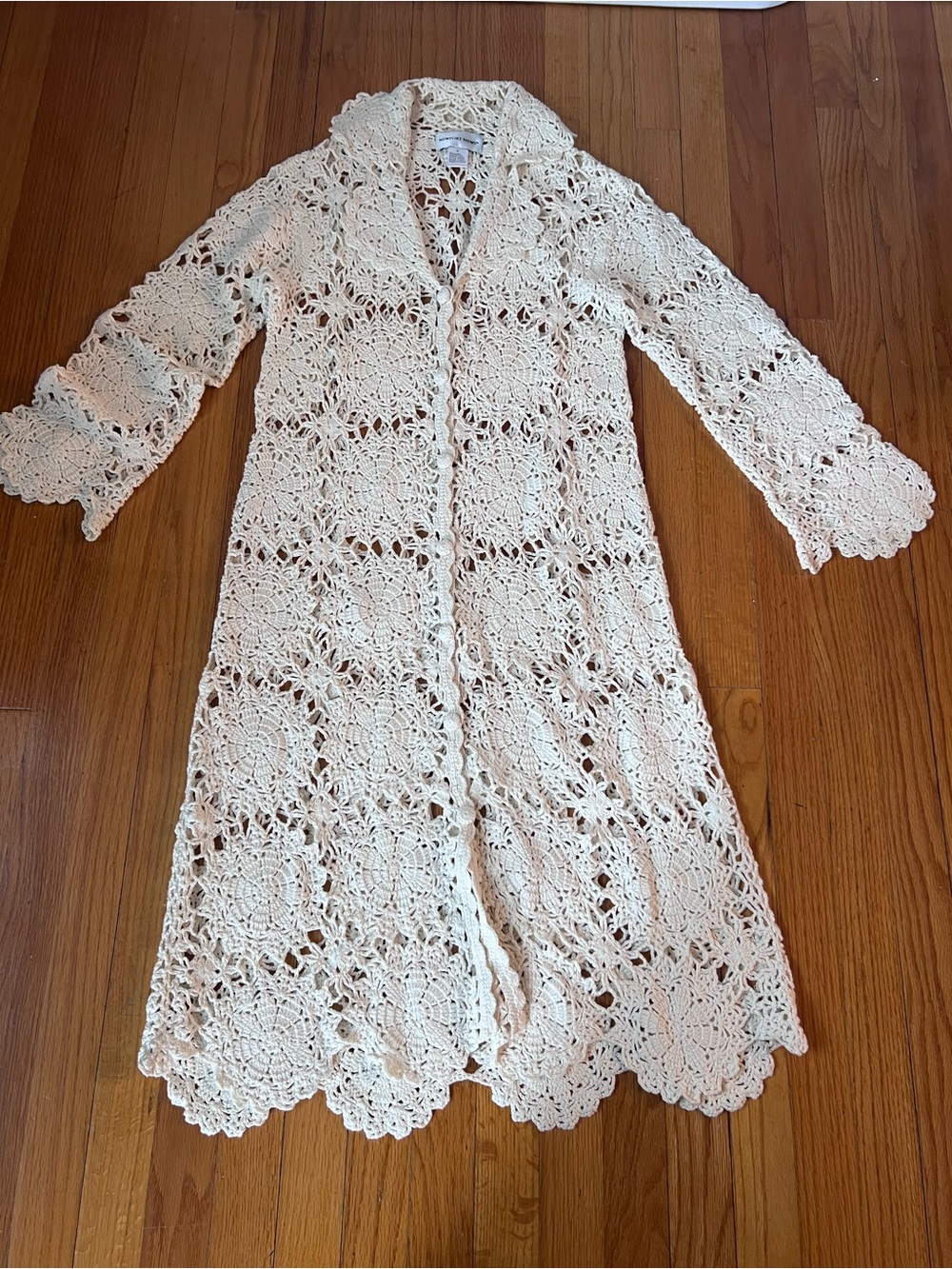 Newport News Cream Crochet Long Cardigan Duster with Scalloped Edges S - Picture 6 of 16